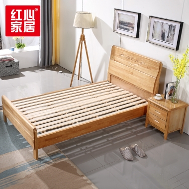 【红心家居】实木床1.5米双人床现代中式床木板床简易单人床  1.5米床+5cm床垫+床头柜1个